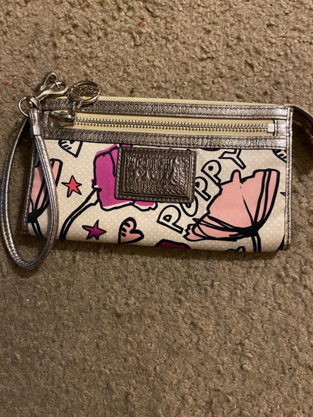 Coach Poppy Pink and Metallic Floral Wristlet Clutch